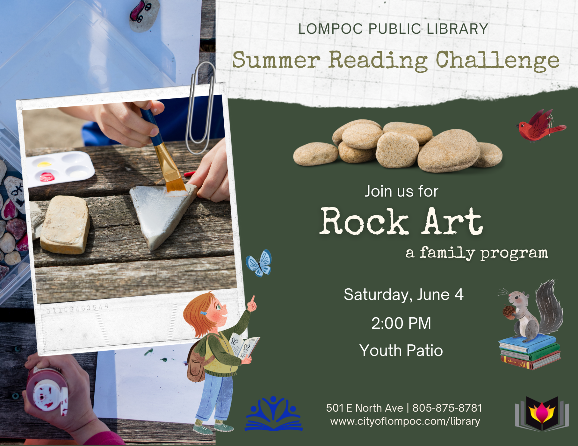 Rock art a family program at the lompoc library on June 4 from 2:00PM to 3:00 PM in the Grossman Gallery