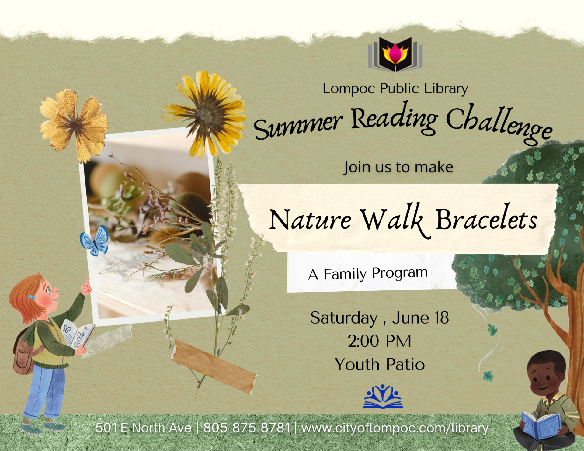 Nature walk bracelets: a family program at the library on Saturday, June 18 at 2:00PM in the Grossman Gallery.