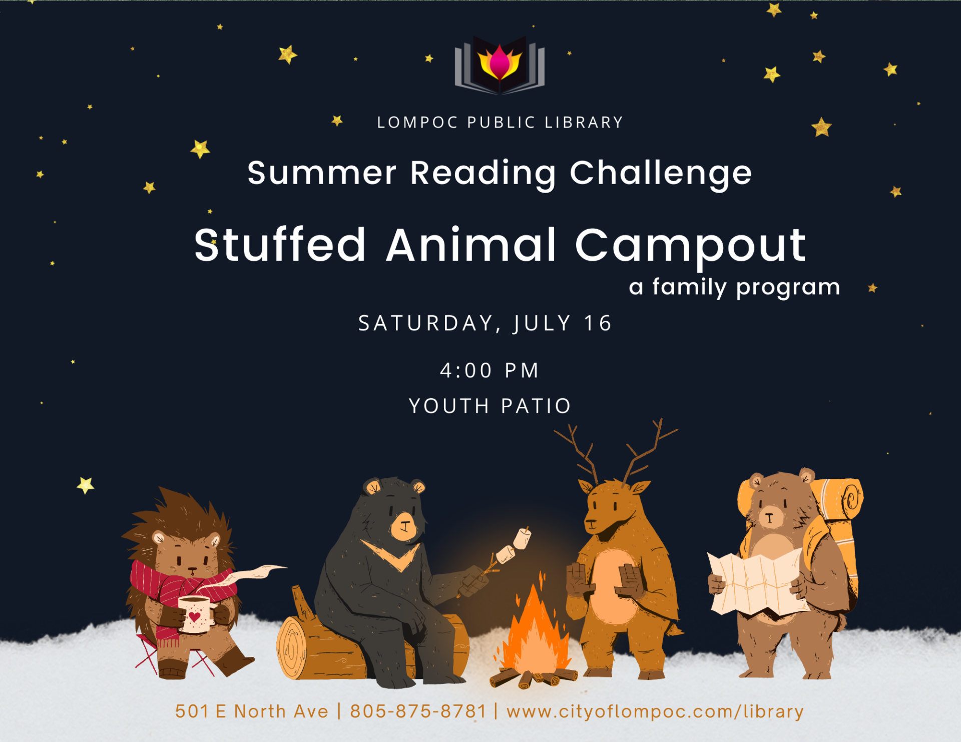 Stuffed Animal Campout at the library! Join us for a family program on Saturday, July 16 at 4:00PM in the Grossman Gallery